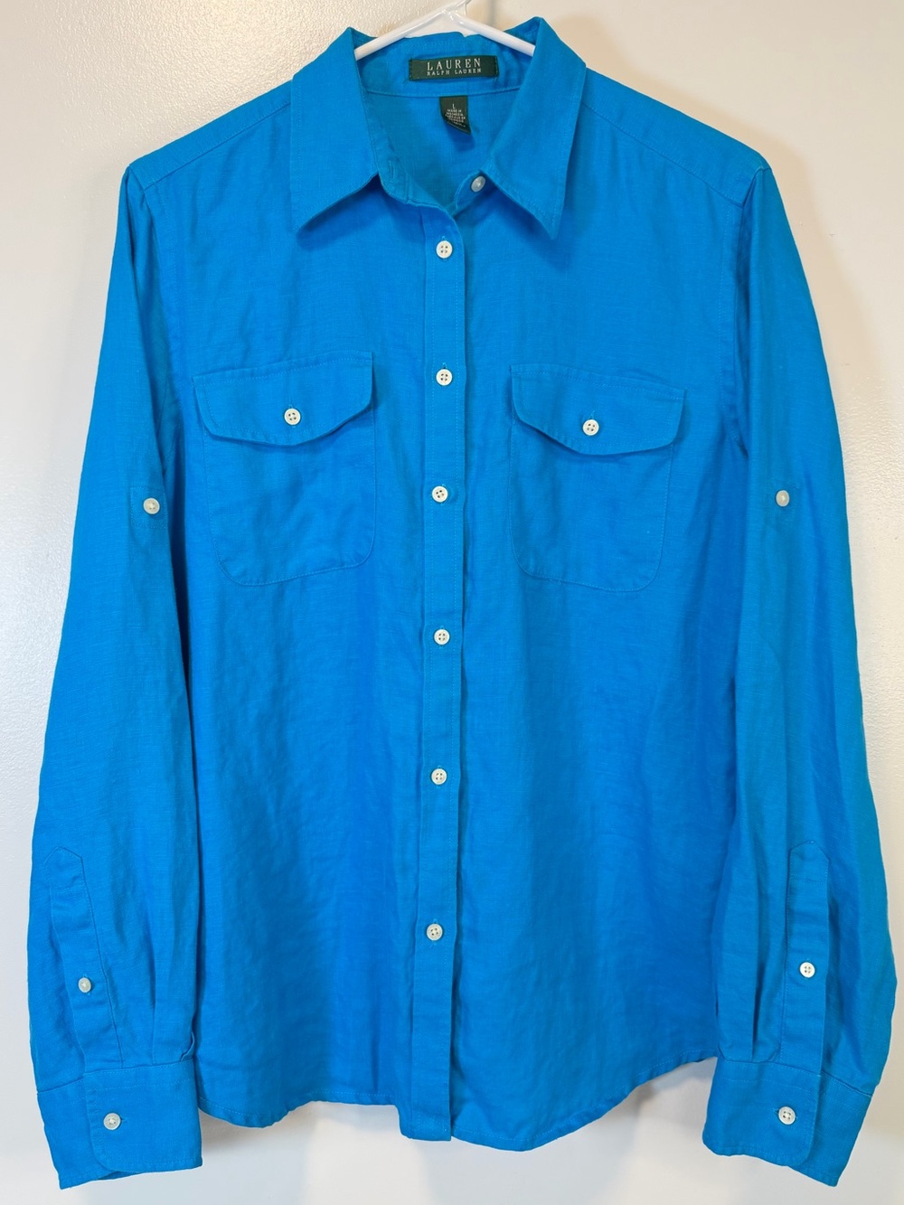 Lauren Ralph Lauren Shirt Women's Large Teal 100% Linen Long Sleeve‎ Button Up